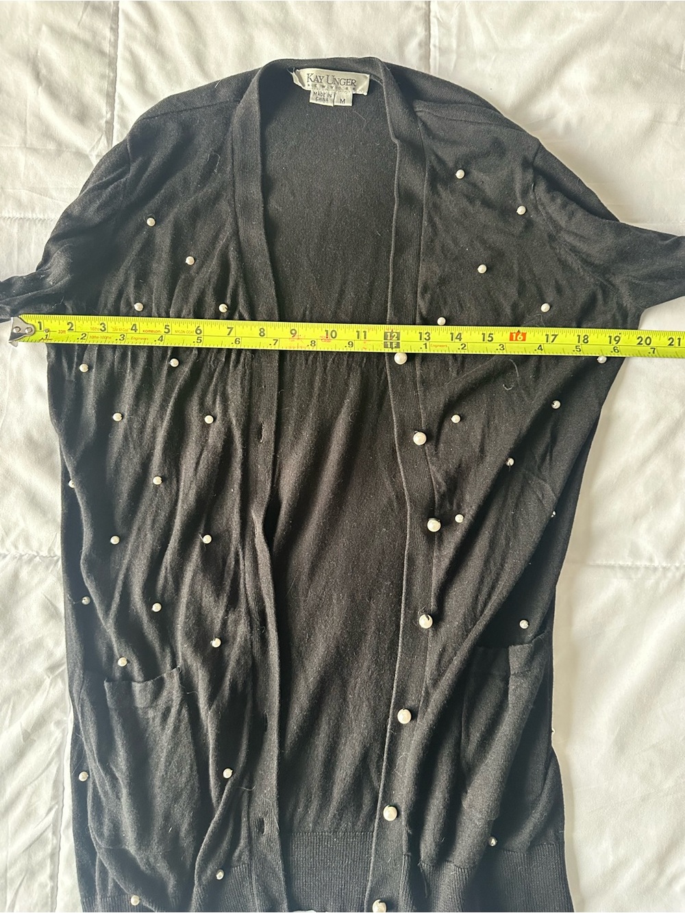 Vintage Kay Unger Silk Cashmere Blend Button Up Black Cardigan Pearls Size M - Picture 5 of 7